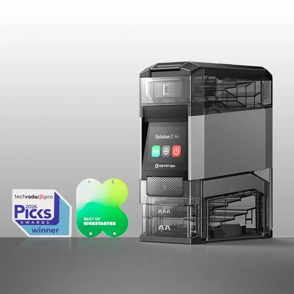 Ostation 2 Pro smart storage device with "TechRadar Pro Picks Awards Winner" and "Best of Kickstarter" badges.