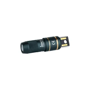 Olight iMini 2 keychain flashlight, a compact black metal torch with gold accents and a USB-A plug, on white