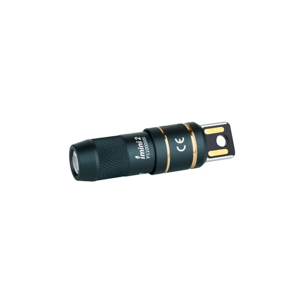 Olight iMini 2 keychain flashlight, a compact black metal torch with gold accents and a USB-A plug, on white