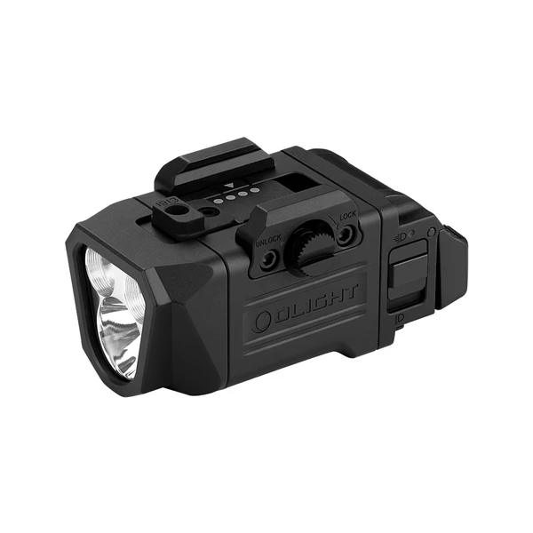 Olight matte black tactical weapon light with integrated Picatinny rail mount isolated on a white background
