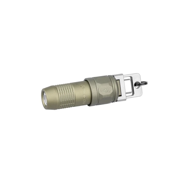 ODLITE I5R EOS Desert Tan Ultra compact EDC flashlight with clip and keychain attachment.