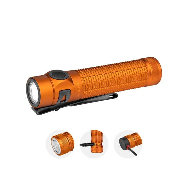 Olight Orange Baton 4 Pro Side View with Textured Grip and Pocket Clip for Everyday Carry and Outdoor Lighting