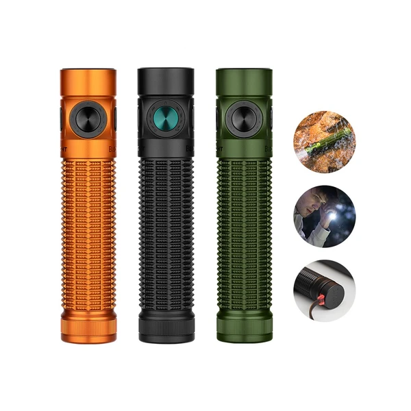 Olight Orange Baton 4 Pro Side View with Textured Grip and Pocket Clip for Everyday Carry and Outdoor Lighting