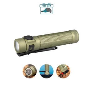 Olight Baton 4 Pro desert tan flashlight side view with pocket clip for everyday carry and outdoor use