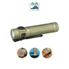 Olight green Baton 4 Pro flashlight with a pocket clip, showing battery charging for outdoor activities.