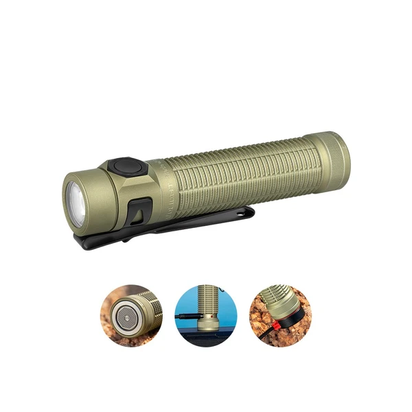 Olight green Baton 4 Pro flashlight with a pocket clip, showing battery charging for outdoor activities.