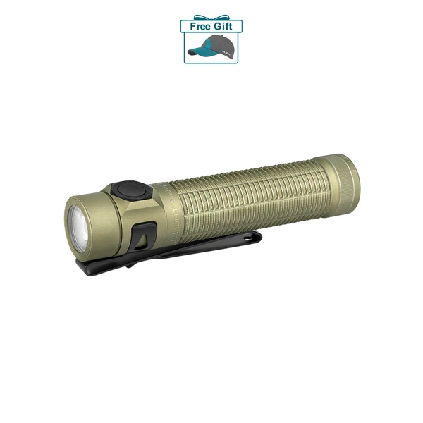 Olight Baton 4 Pro desert tan flashlight side view with pocket clip for everyday carry and outdoor use