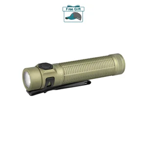 Olight Baton 4 Pro desert tan flashlight side view with pocket clip for everyday carry and outdoor use