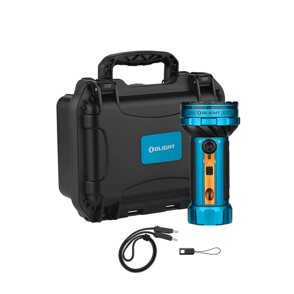 Olight Marauder Mini 2 blue flashlight and case with charging cable for outdoor exploration and search.