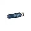 Blue iMini 2 keychain flashlight, compact and portable, featuring a textured grip and USB-A charging port.