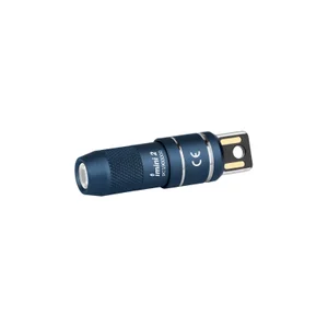 Blue iMini 2 keychain flashlight, compact and portable, featuring a textured grip and USB-A charging port.