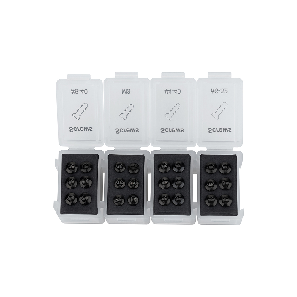 Four labeled plastic organizers containing black Torx screws in size 6-40, M3, 4-40, and 6-32 on black foam inserts