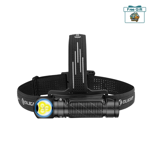 Olight Black Perun 3 Headlamp with a triple LED emitter and adjustable straps for hands-free illumination.