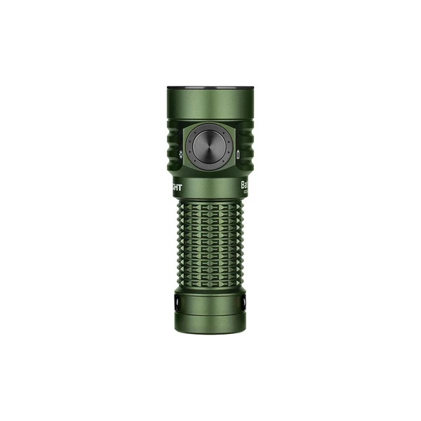 Green tactical flashlight, Olight Baton 3 Pro Max, with black power button and textured body