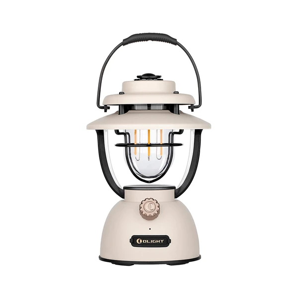 Olight Beige Olantern Classic 2 Pro Vintage Rechargeable Camping Lantern Front View with Handle for Outdoor and Backyard Use