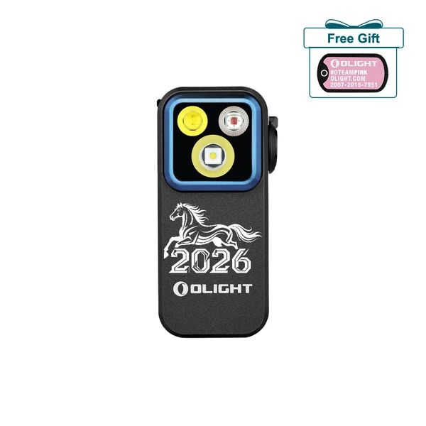 Olight Black Oclip Pro with 2026 horse graphic, features dual light sources for versatile illumination and convenience.