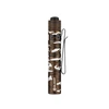 Olight brown camo tactical flashlight with pocket clip, portable LED torch.