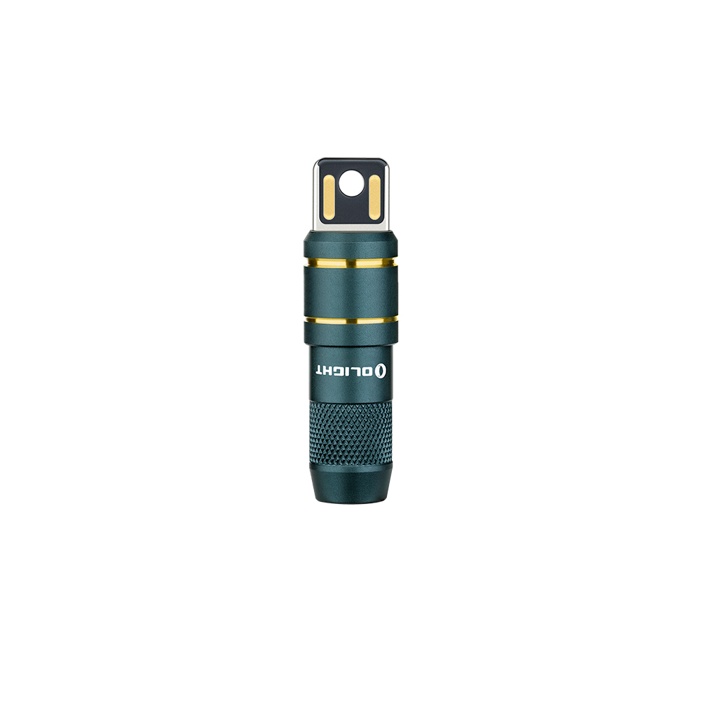 OLIGHT USB-C to magnetic charging adapter, dark green, gold accents, textured body.