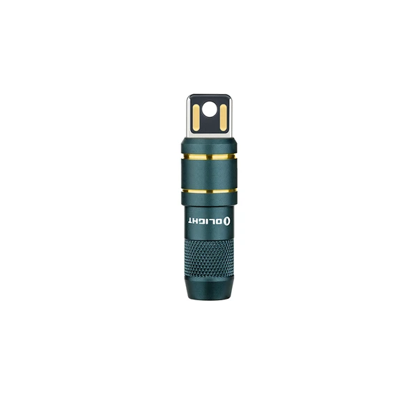 OLIGHT USB-C to magnetic charging adapter, dark green, gold accents, textured body.