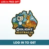 Olight Australia logo with cartoon character and kangaroo, map-shaped, vibrant colors