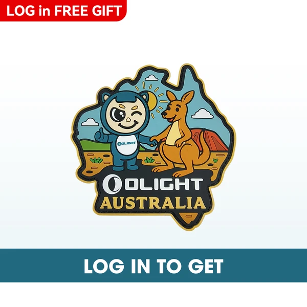 Olight Australia logo with cartoon character and kangaroo, map-shaped, vibrant colors