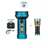 Olight blue and orange Oclip Pro and I3T 2 flashlights, with included charging cable and case for outdoor use.