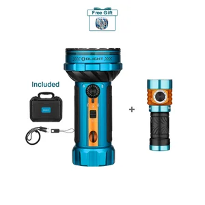 Olight blue and orange Oclip Pro and I3T 2 flashlights, with included charging cable and case for outdoor use.
