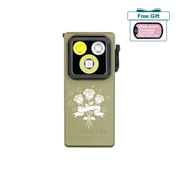 Olight Olive Green Oclip Ultra front view with rose and heart pattern for everyday carry and illumination