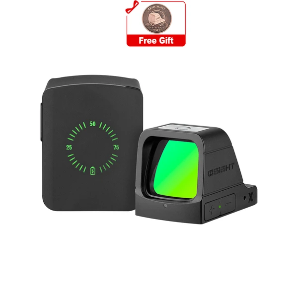 Olight Osight X black red dot sight with charging case for precise target acquisition.