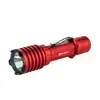 Olight metallic red tactical LED flashlight with pocket clip isolated on white background