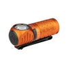 Olight Perun 2 Mini orange headlamp with a pocket clip, angled to show the lens and power button