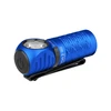 Blue Perun 2 Mini flashlight with black clip, white background.