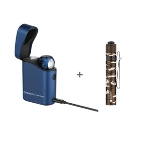 Olight blue and camouflage Perun 3 Mini with charging case and pocket clip, for daily carry and outdoor activities.