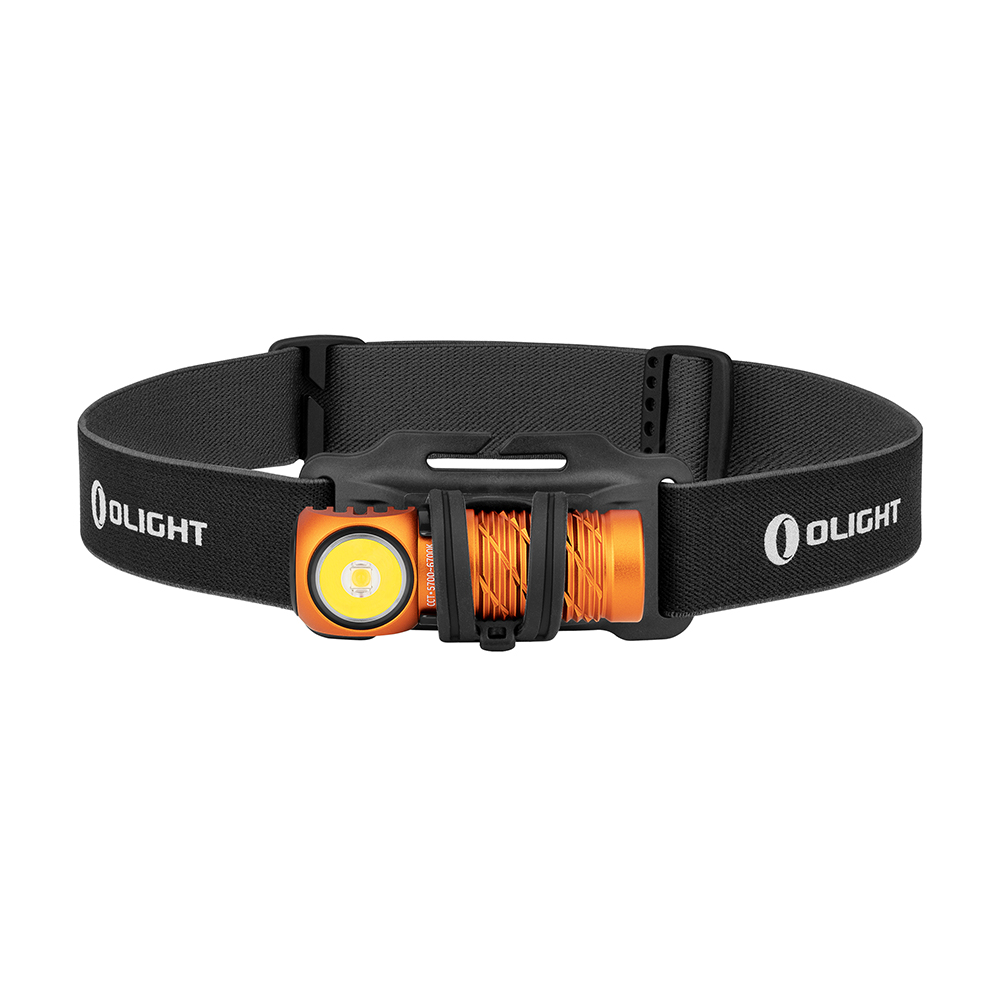 Olight Perun Mini Kit headlamp, versatile magnetic flashlight, angled head, orange, black elastic headband