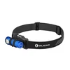 Olight Perun Mini blue headlamp on black adjustable headband with white Olight logo