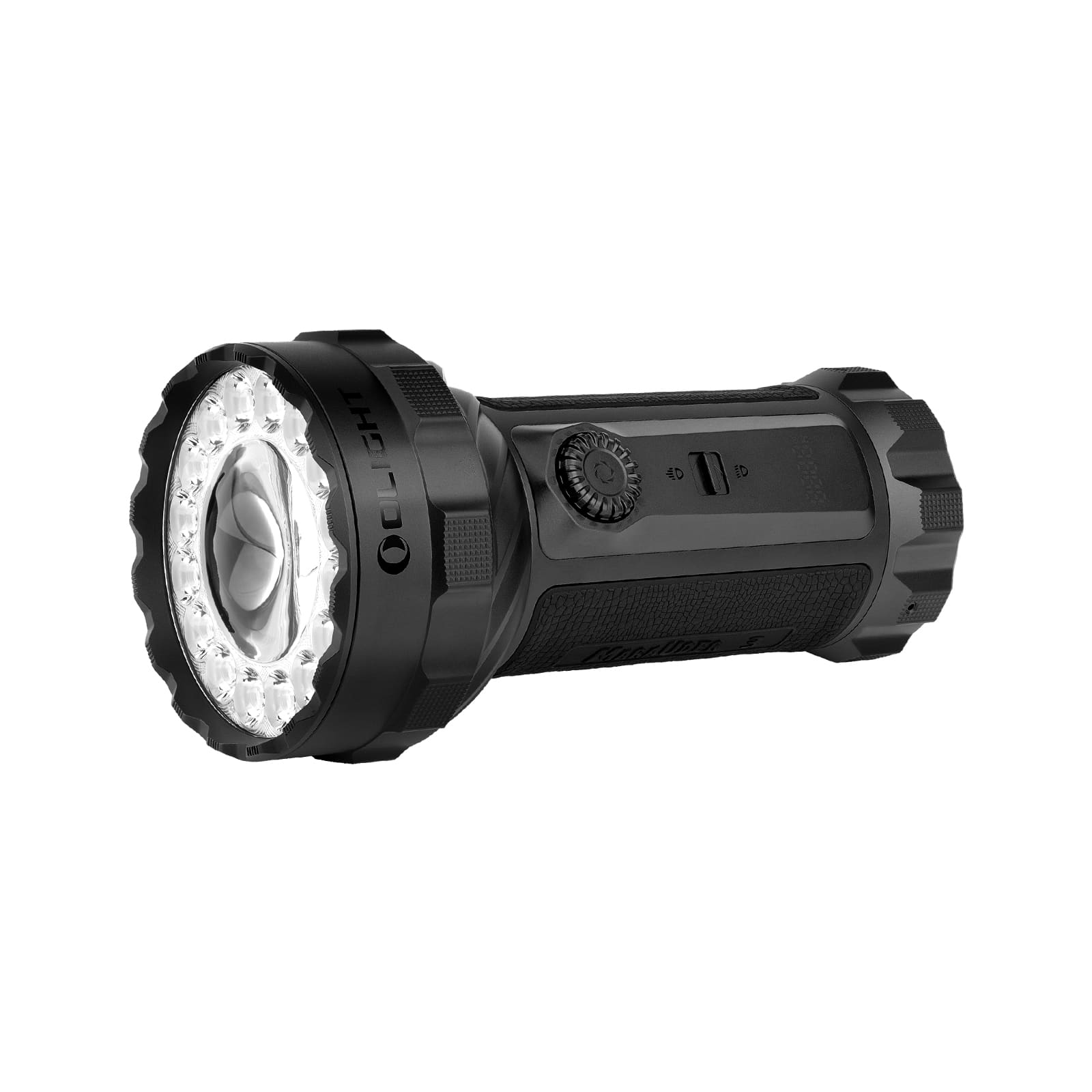Olight Black Marauder 3 Powerful Flashlight Side View with Multi-LED Bezel and Rotary Knob Switch for Outdoor Search and Rescue