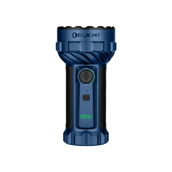 Olight Blue Marauder 3 Powerful Flashlight Front View with Rotary Switch Knob and LED Display for Outdoor Search Rescue