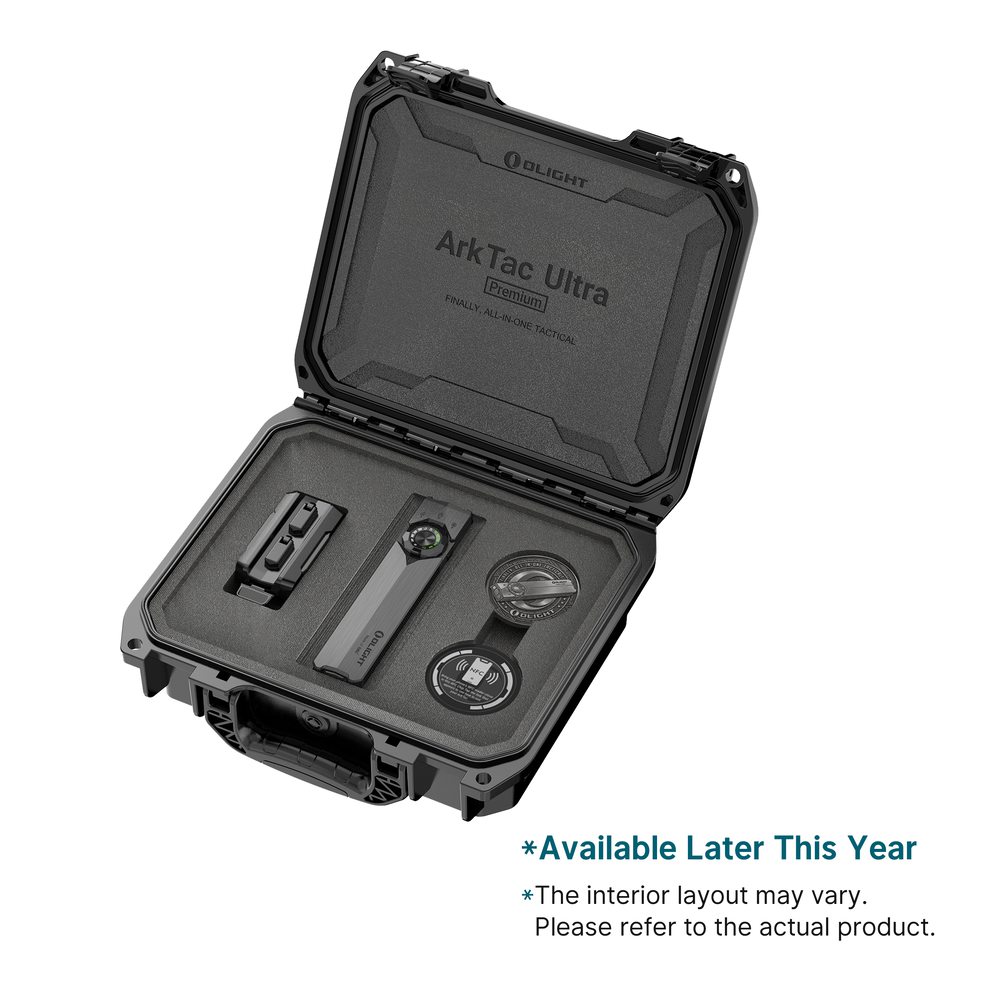 Olight ArkTac Ultra Premium tactical flashlight kit inside a protective hard carrying case