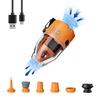 Flextail orange portable air pump showing airflow, USB charging cable, and various nozzle attachments for camping gear.