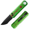 Oknife folding pocket knife with flashlight, green handle with red blood splatter pattern and black tanto blade