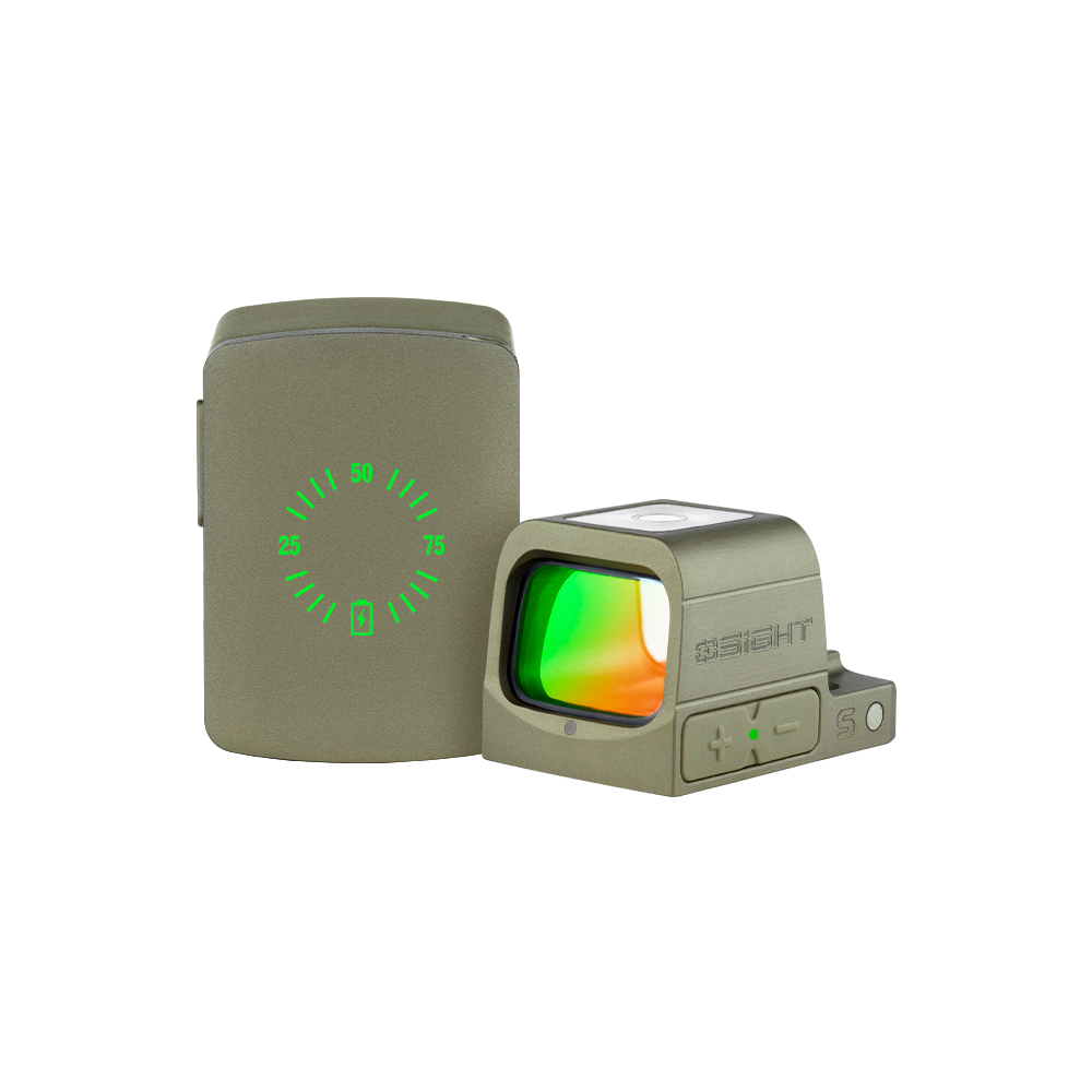 Olight OD Green Osight S Red Dot Sight with Charging Cover showing Battery Indicator for Tactical Shooting