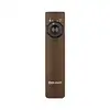 Olight Arkfeld flat flashlight in desert tan with green laser pointer and LED light selector wheel.