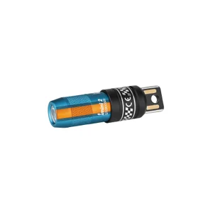 Olight imini 2 blue and orange rechargeable keychain flashlight with integrated USB plug on white background