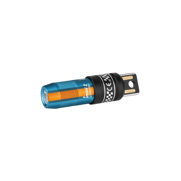 Olight imini 2 blue and orange rechargeable keychain flashlight with integrated USB plug on white background