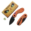 Kizer Halloween pocket knife with orange handle, black blade, pumpkin cutout, and decorative packaging box