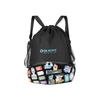 Black Olight drawstring bag with assorted patches and side mesh pocket