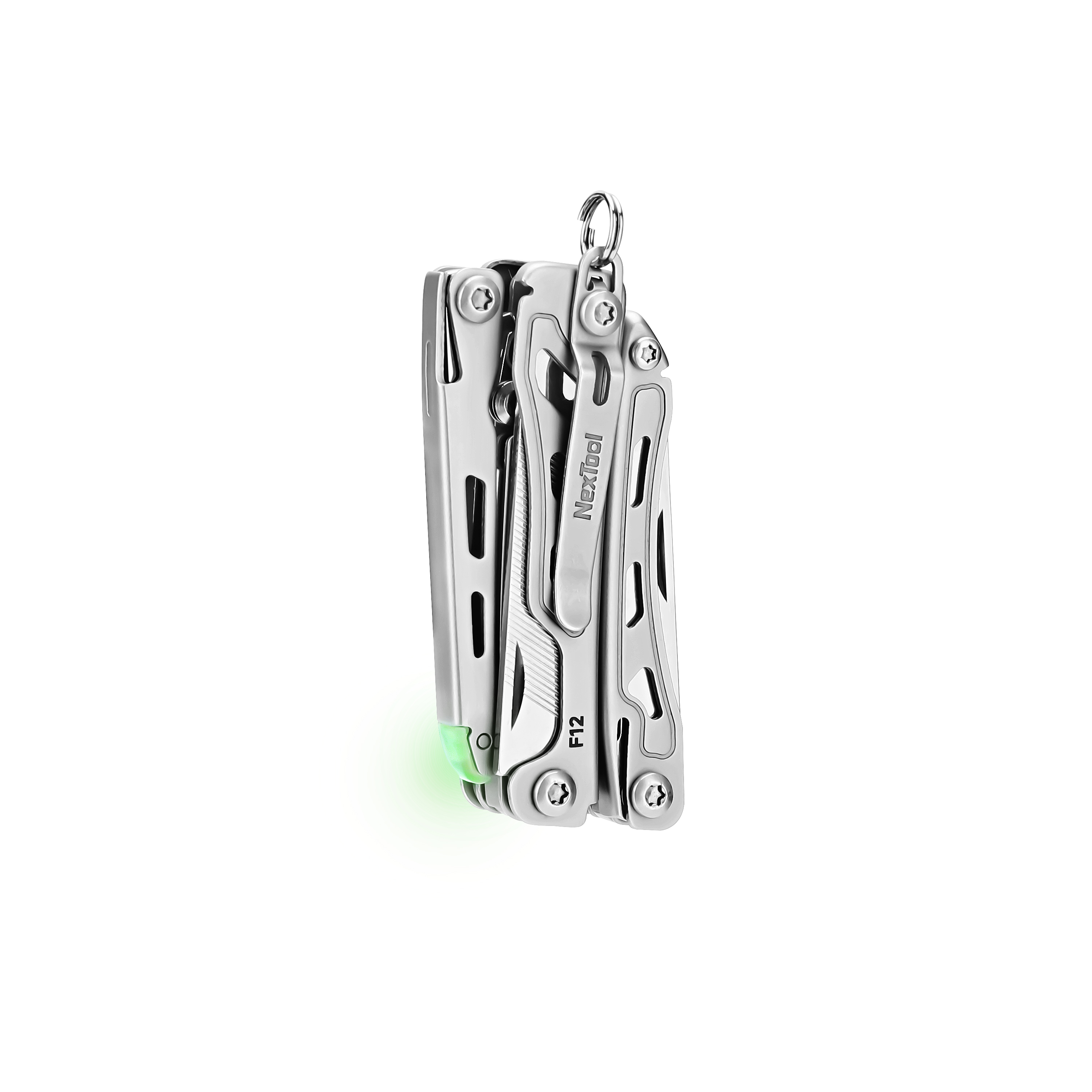 NexTool F12 pocket multitool folded with keyring attachment and glowing green accent on white background