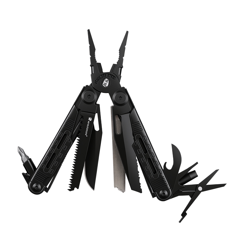 Black multi-tool with needle-nose pliers, pocket knife, wood saw, screwdriver, and scissors on a white background