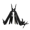 Black multi-tool with needle-nose pliers, pocket knife, wood saw, screwdriver, and scissors on a white background
