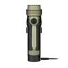 Olight green tactical flashlight charging in a black holster with a connected USB cable on a white background